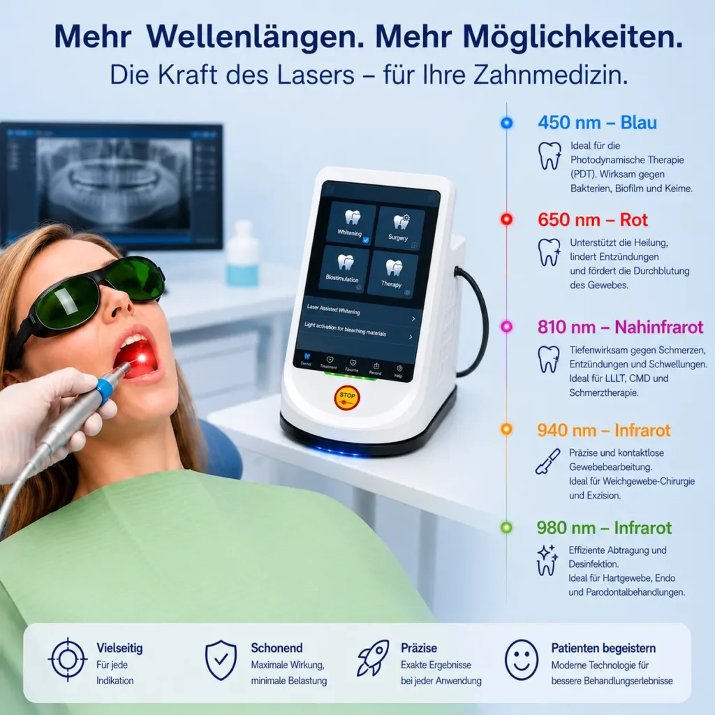 Infografik zu einem zahnmedizinischen Diodenlaser: Patientin mit Schutzbrille wird behandelt, daneben fünf Wellenlängen (450–980 nm) mit Anwendungsgebieten.